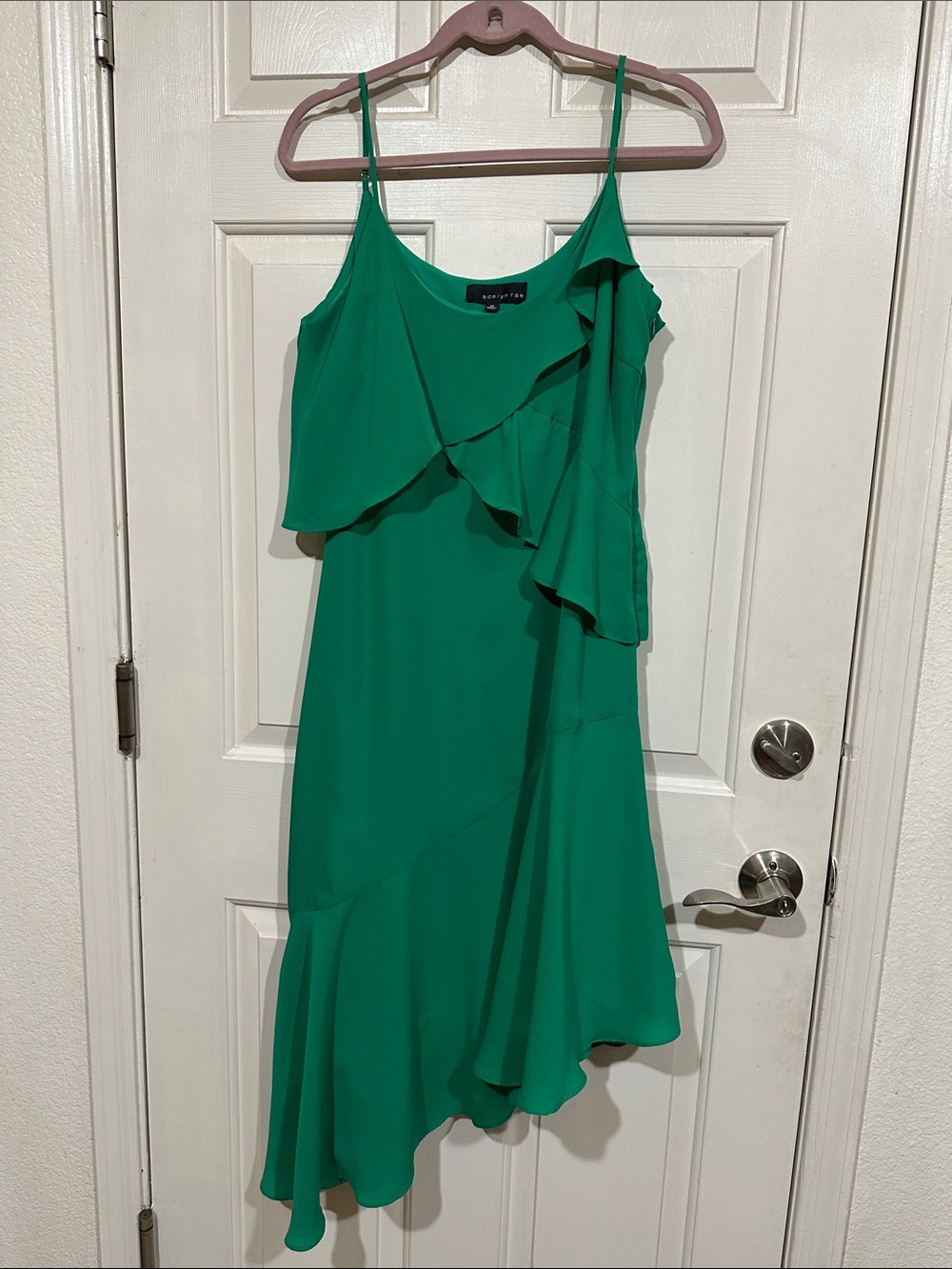 Adelyn Rae Emerald Green Asymmetrical Ruffle Slip Dress